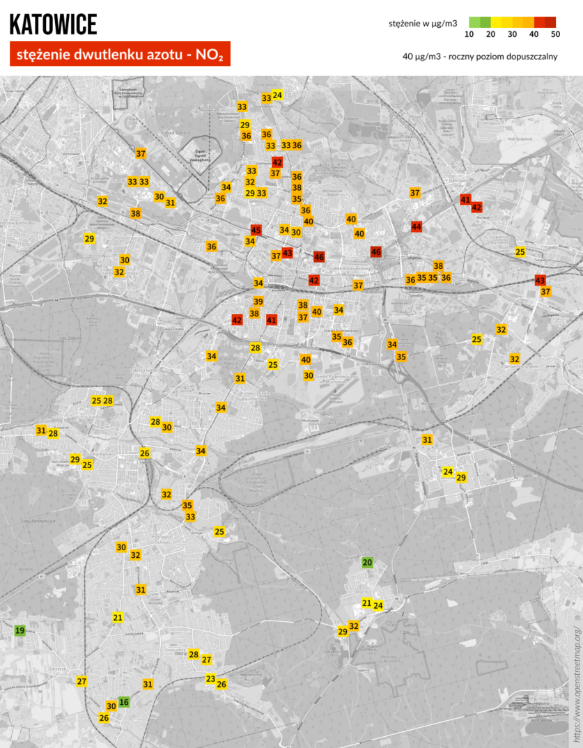 Pomiar tlenków azotu w Katowicach, wykonany za pomocą czujników pasywnych, zlecone przez GZM w 2025 roku.