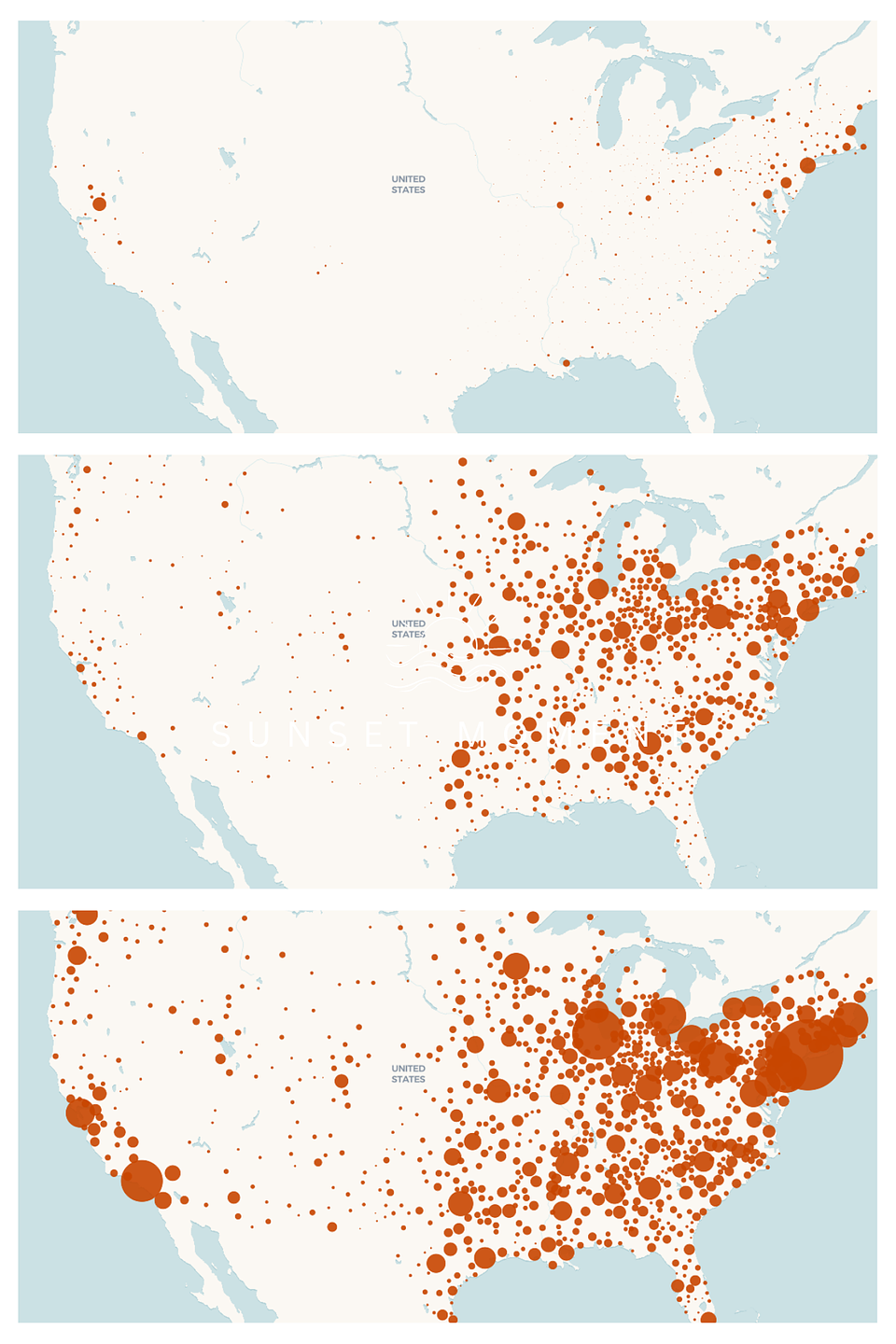 Jobs in U.S. cities in 1850, 1900, and 1940. Each circle represents a city, and the size of the circle shows how many people worked there. The 1850–1940 period captures a critical phase in the evolution of the U.S. urban system, as the country transitioned from a predominantly rural society to an advanced manufacturing and service-based economy.