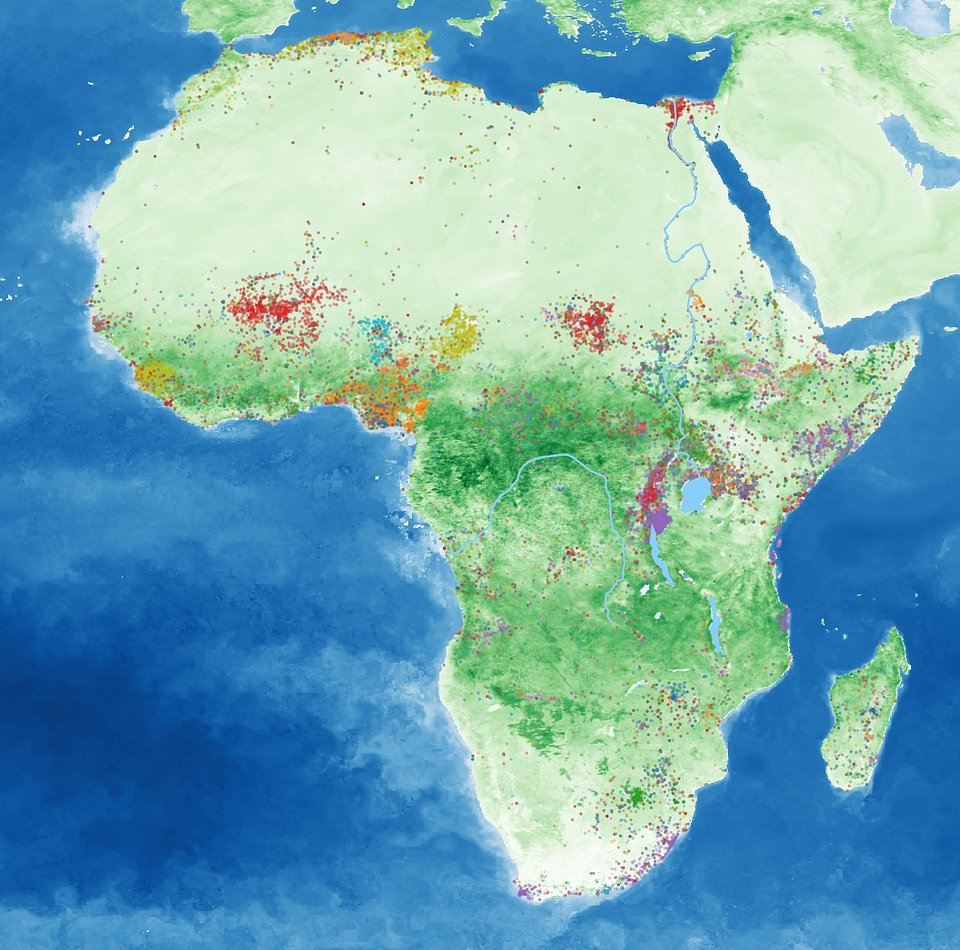 Spatial distribution of conflict avalanches across Africa from 1997 to 2025. Conflict avalanches are non-heuristic, data-derived chains of conflict events linked in space and time. Here, each point represents a conflict event, with colors distinguishing distinct conflict avalanches. The green background denotes the Normalized Difference Vegetation Index (NDVI), highlighting underlying patterns in vegetation and environmental context across the continent.