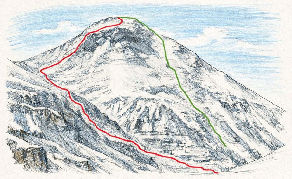 Dwie drogi na szczyt. Obraz wygenerowany przez AI.
