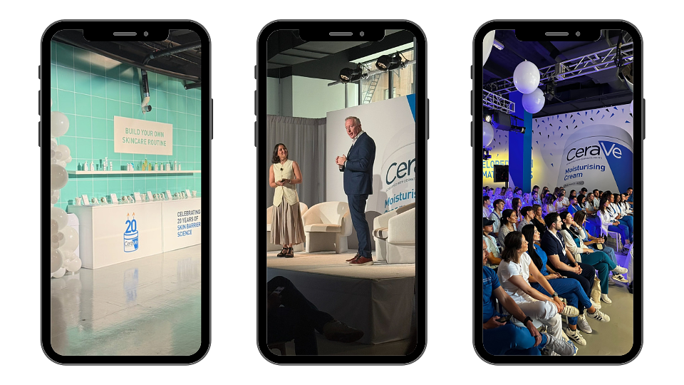 Od lewej: strefa Cleansers Celebration; przedstawiciele CeraVe: Melanie Vidal i Tom Allison; uczestnicy eventu z okazji 20. urodzin CeraVe