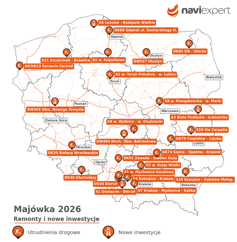 Majówka 2026 - najnowsze odcinki dróg i trwające remonty