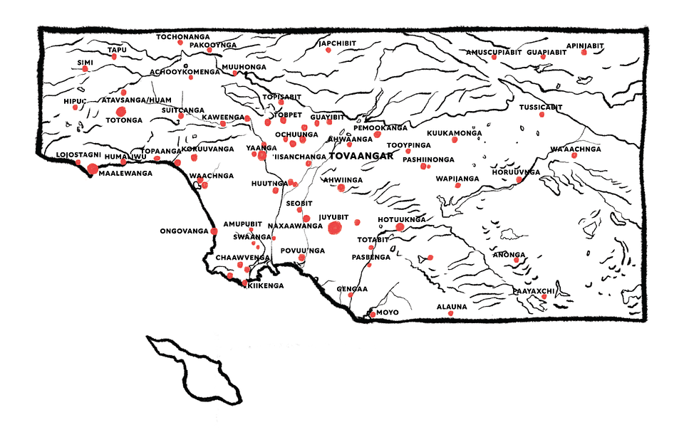 The Map of Tovaangar draws upon the work of a number of scholars, including Steven Hackel, Stephen O’Neil, Nat Zappia and Jeanette Zerneke, whose Early California Cultural Atlas, a spatial-history project funded by the National Endowment for the Humanities, and Early California Population Project, developed by the Huntington Library, are essential resources. Based on a Los Angeles Times Project and a map by Sutimiv-Pa’alat.

Map design by Elisa Foster at Keith&Co.