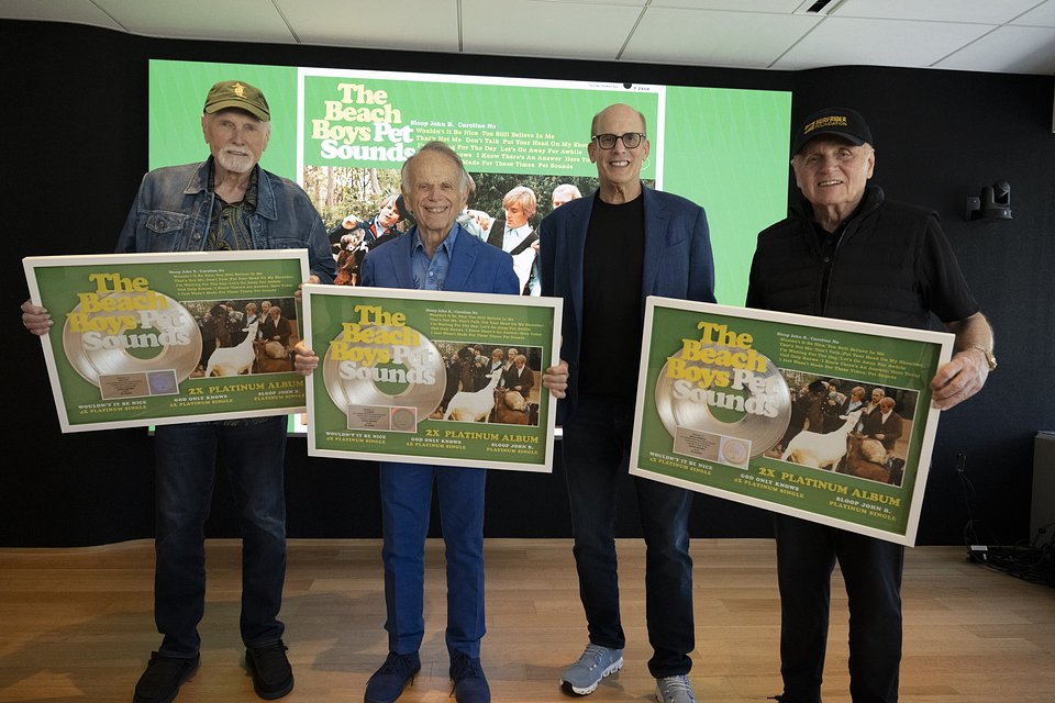 LOS ANGELES, CALIFORNIA - MAY 11: (L-R) Mike Love, Al Jardine, Bruce Resnikoff and Bruce Johnston attend the Beach Boys 60th Anniversary of "Pet Sounds" at Capitol Records Building on May 11, 2026 in Los Angeles, California. (Photo by Scott Dudelson/Getty Images for UMe)