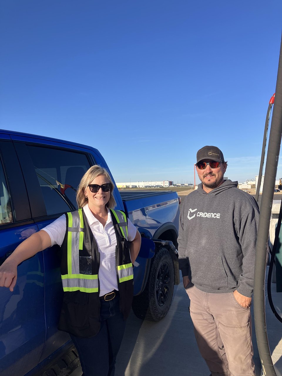 Laureen welcomes the first customer to the GTH UFA Cardlock, Grant Novak.