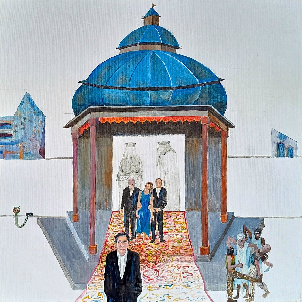Ewa Miazek, „Mansjon VI. Z celebrytą”, olej, 50 x 50 cm, 2020