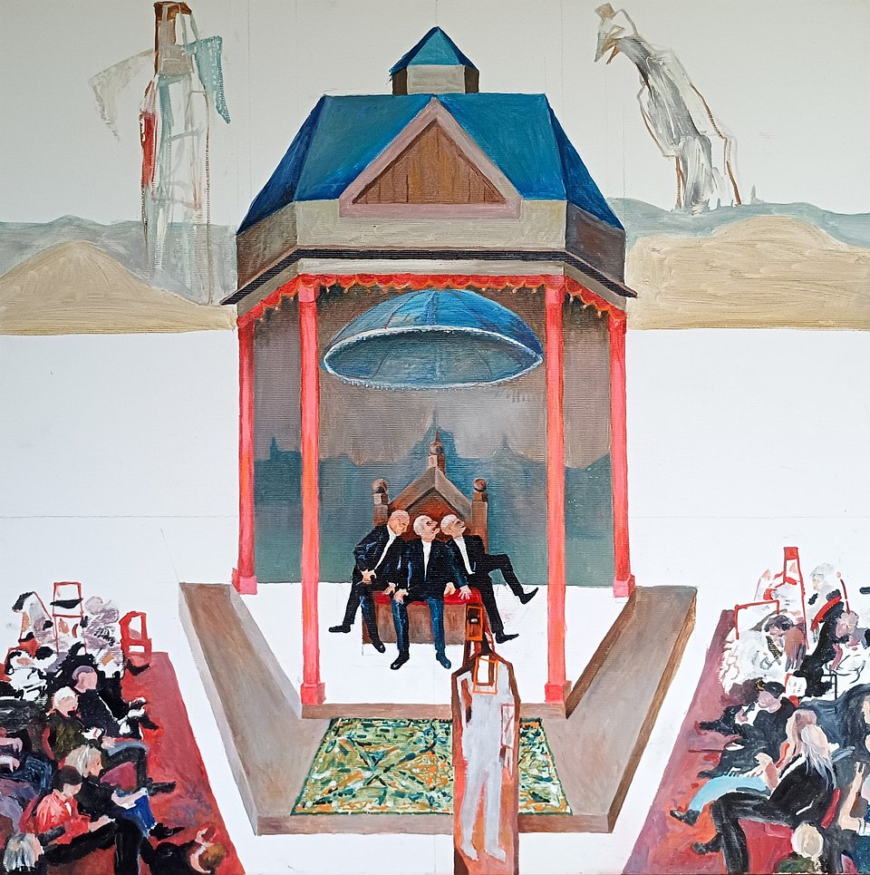Ewa Miazek, „Mansjon V. Z trzema na tronie”, olej, 50 x 50 cm, 2020
