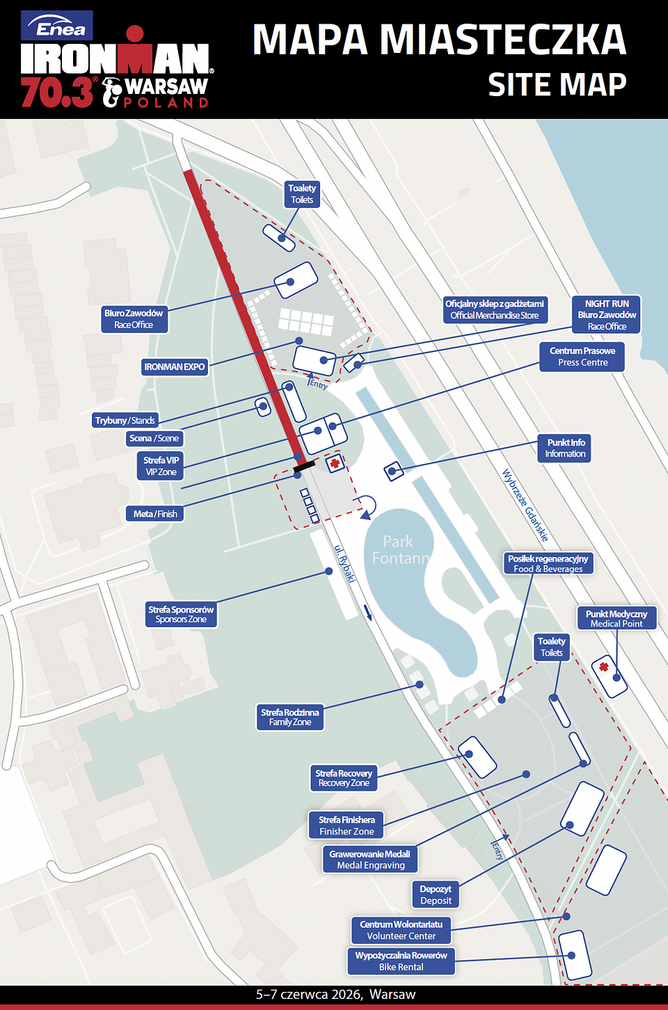 Plan miasteczka triathlonowego w Parku Fontann
