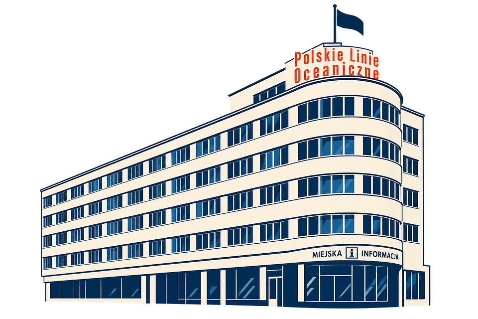 Grafika prezentująca dawny gmach Polskich Linii Oceanicznych przy ulicy 10 Lutego w Gdyni