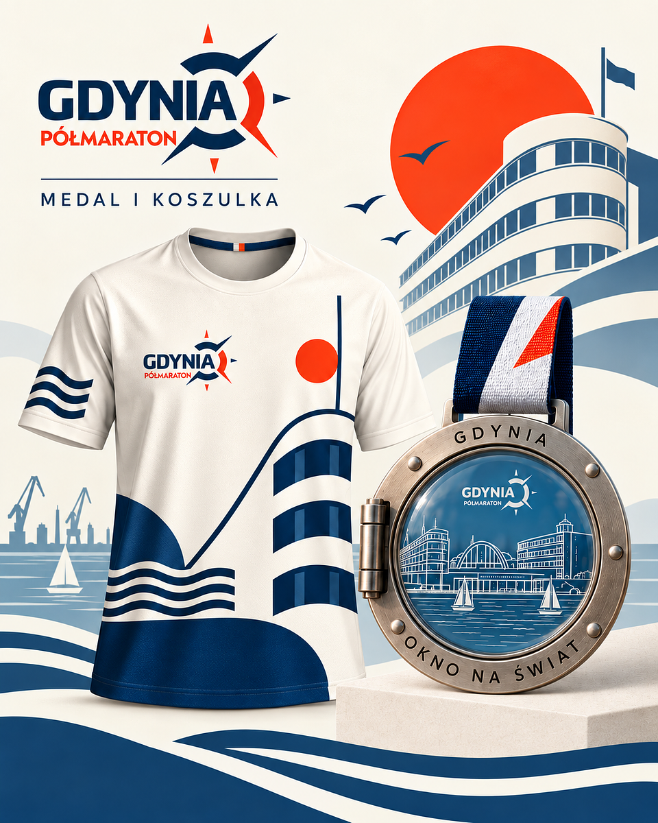 Grafika prezentująca wizualizacje medalu i koszulki Gdynia Półmaratonu 2027
