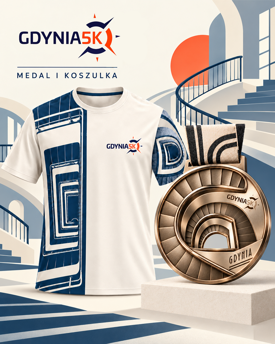 Grafika prezentująca wizualizację medal i koszulkę finishera Gdynia 5K
