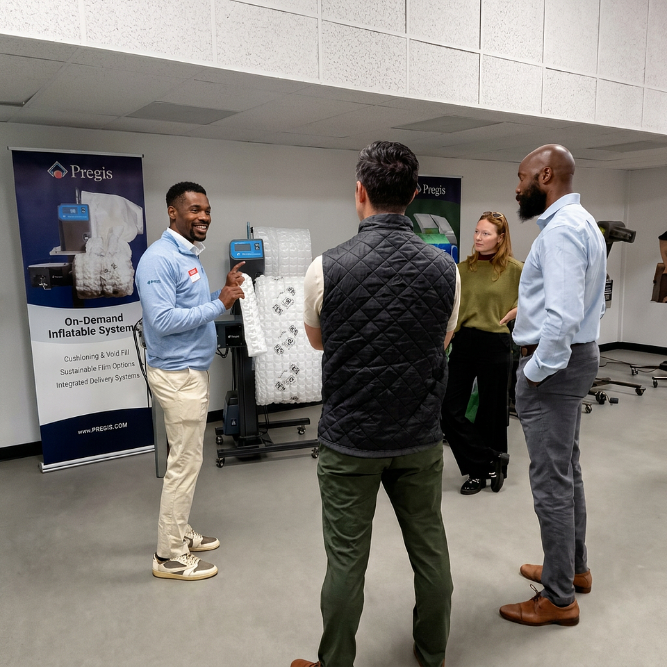 A Pregis specialist demonstrates on-demand inflatable packaging systems at a Customer Experience Center, where customers can evaluate protective packaging solutions hands-on before implementation.
