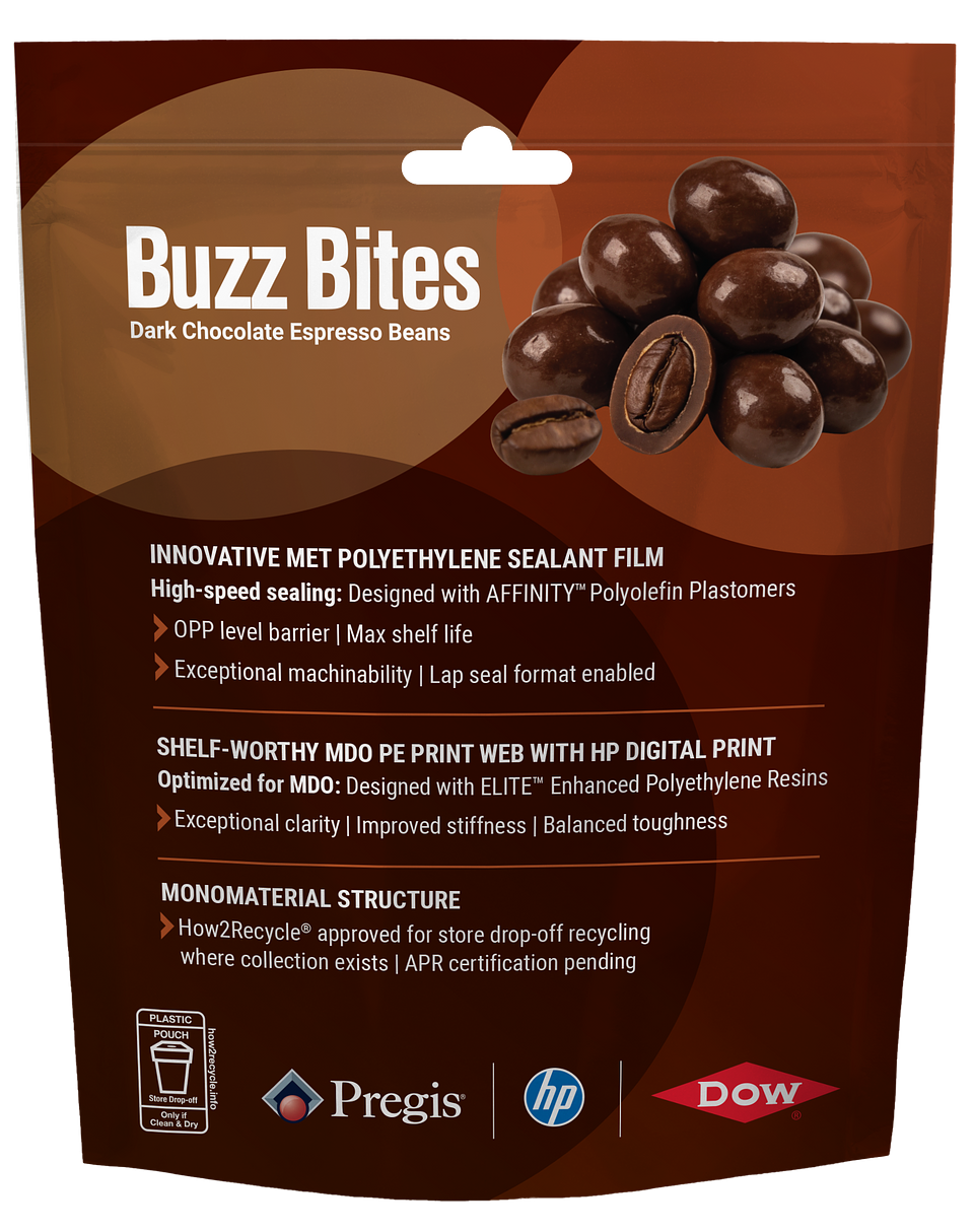 (Source: Pregis) Pregis Performance Flexibles demonstrates a recycle-ready, mono-material polyethylene structure for high-barrier food packaging, combining shelf-ready digital print with performance designed for demanding applications.