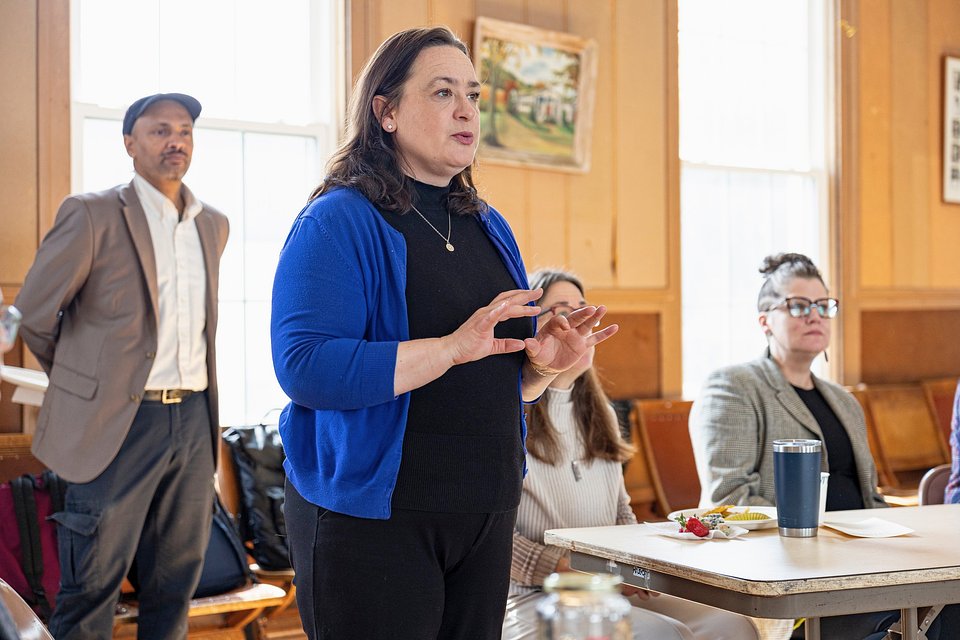 Photo: MA State Rep. Lindsay Sabadosa speaks at a legislative brunch focused on policies to support worker-owned cooperatives (courtesy of COWOP coalition).