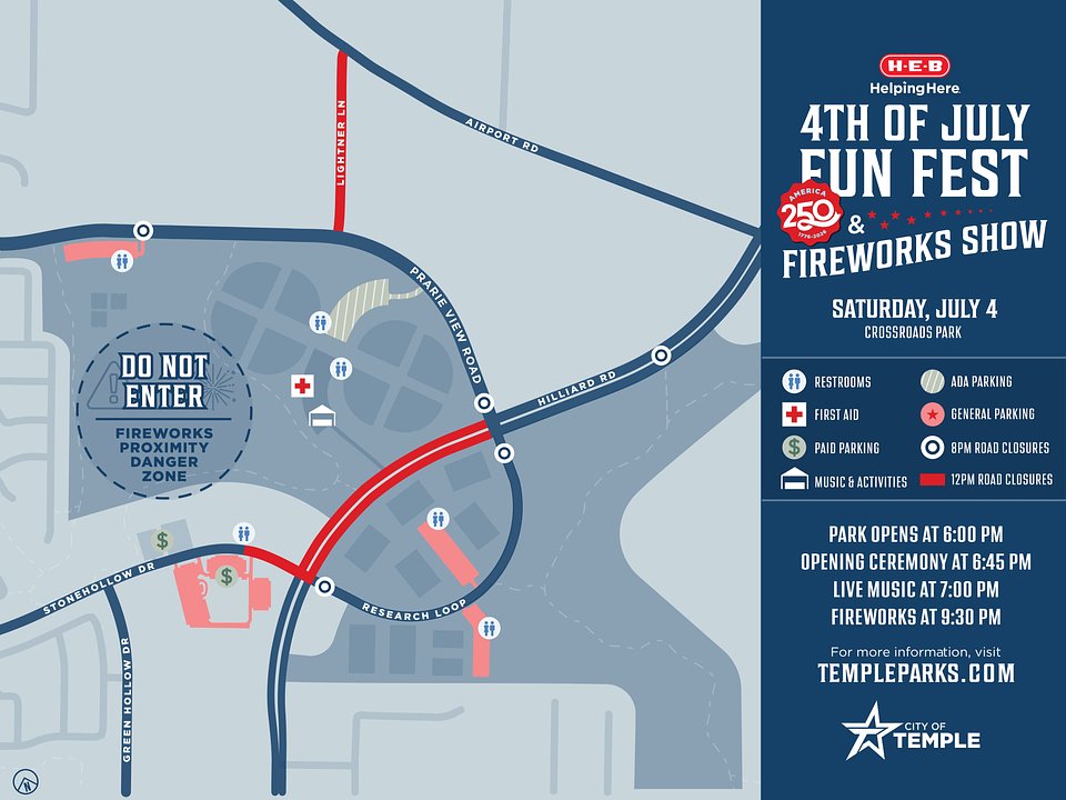 As a reminder, there is a no-smoking policy in all City of Temple parks, and no fireworks are allowed within city limits. Event parking lots close at 8 p.m.
