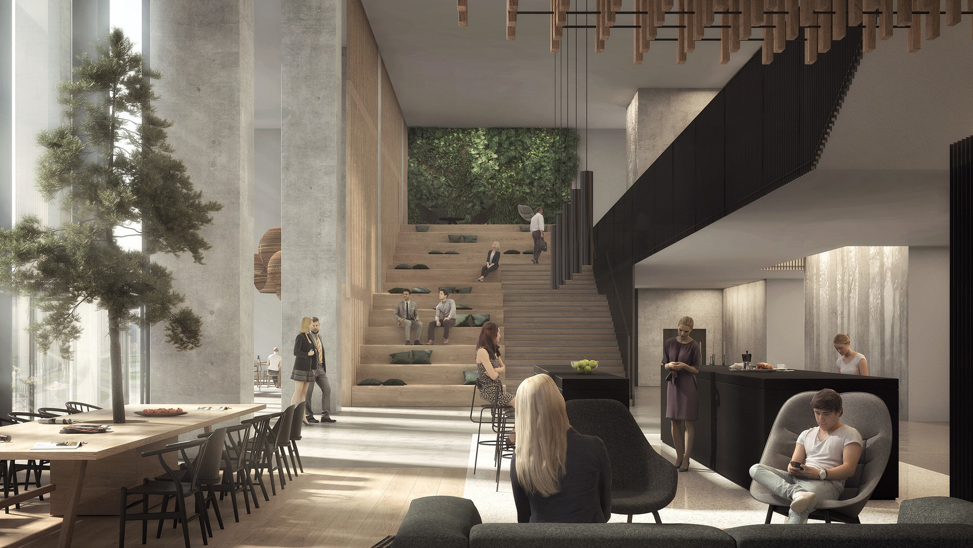 An office building lobby that's like a Swedish summer house