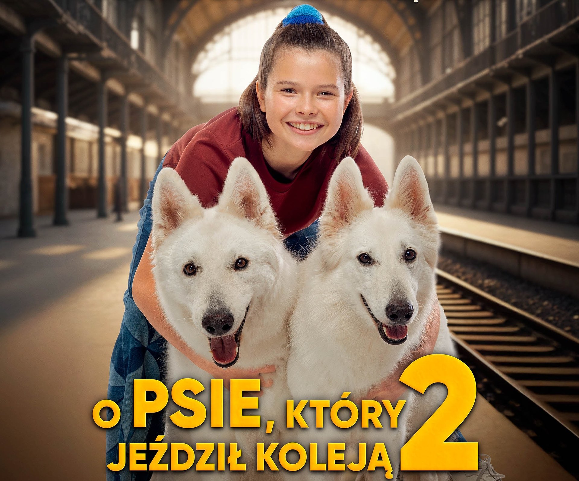 Mateusz Damięcki, Adam Woronowicz, Liliana Zajbert, Maksymilian Zieliński, Monika Pikuła i Michalina Łabacz oraz Luna i Lampo na plakatach filmu O PSIE, KTÓRY JEŹDZIŁ KOLEJĄ 2!