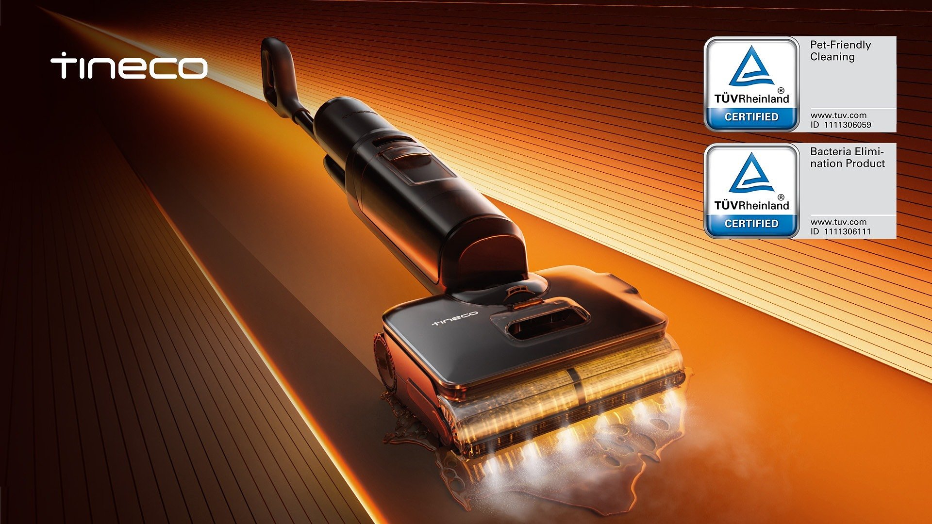 FLOOR ONE S7 Stretch Steam di Tineco ottiene la doppia certificazione TÜV per l'eliminazione dei batteri e la pulizia pet-friendly