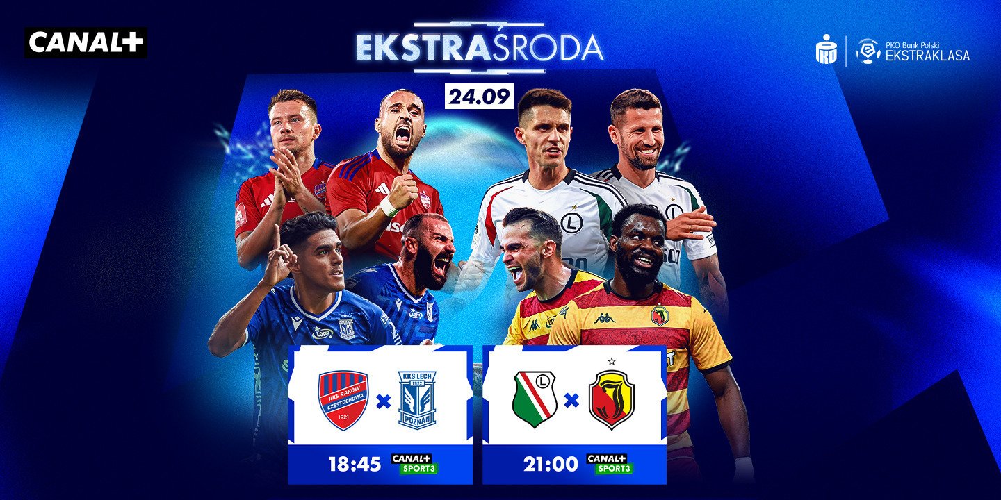24.09. Hitowe zaległe mecze 6. kolejki PKO Bank Polski Ekstraklasy: Raków – Lech i Legia - Jaga, czyli „EkstraŚroda” w CANAL+