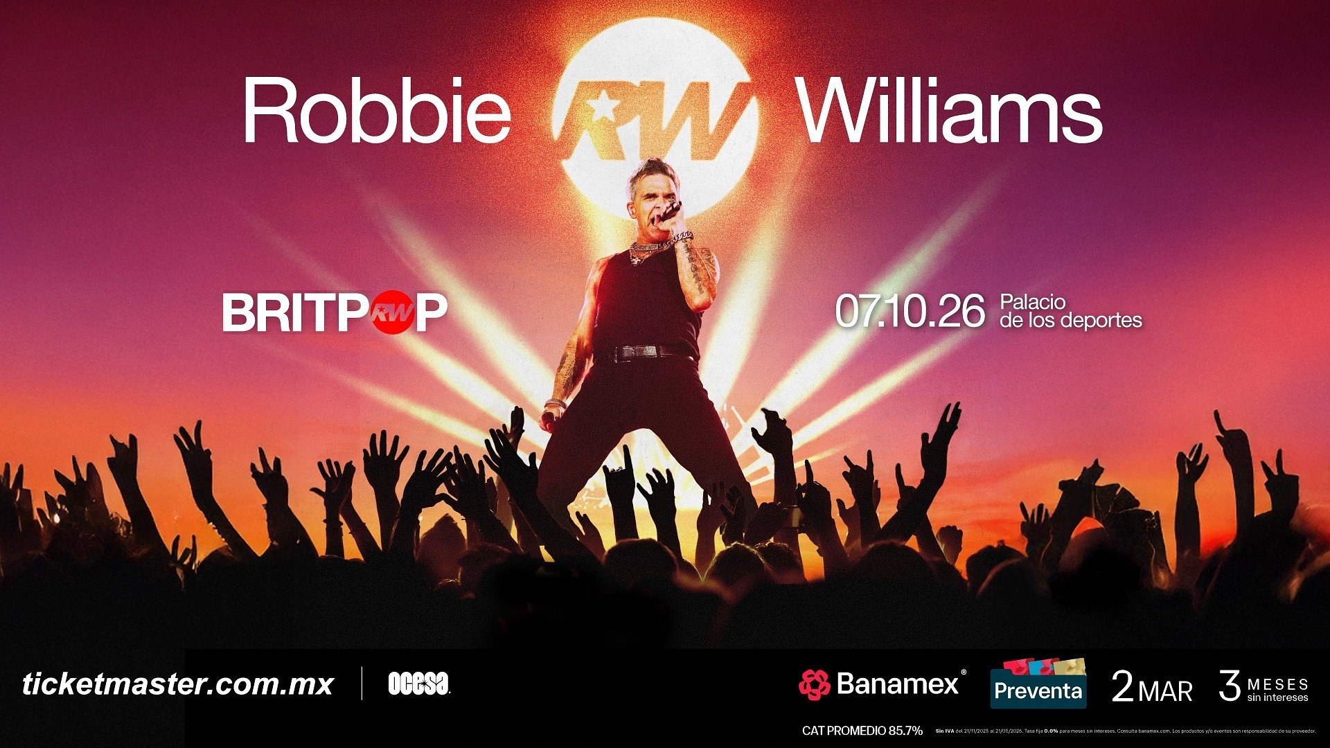 El icono del pop británico, Robbie Williams, llegará al Palacio de los Deportes con su aclamado álbum Britpop