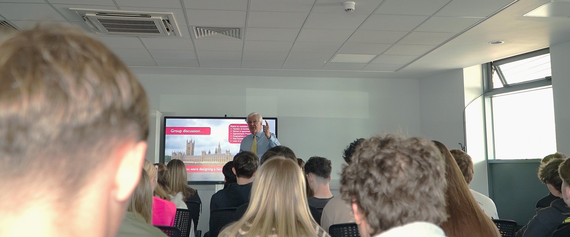 Students at New College Durham welcome a visit from Lord Shipley as part of the UK Parliament’s “Learn with the Lords” programme