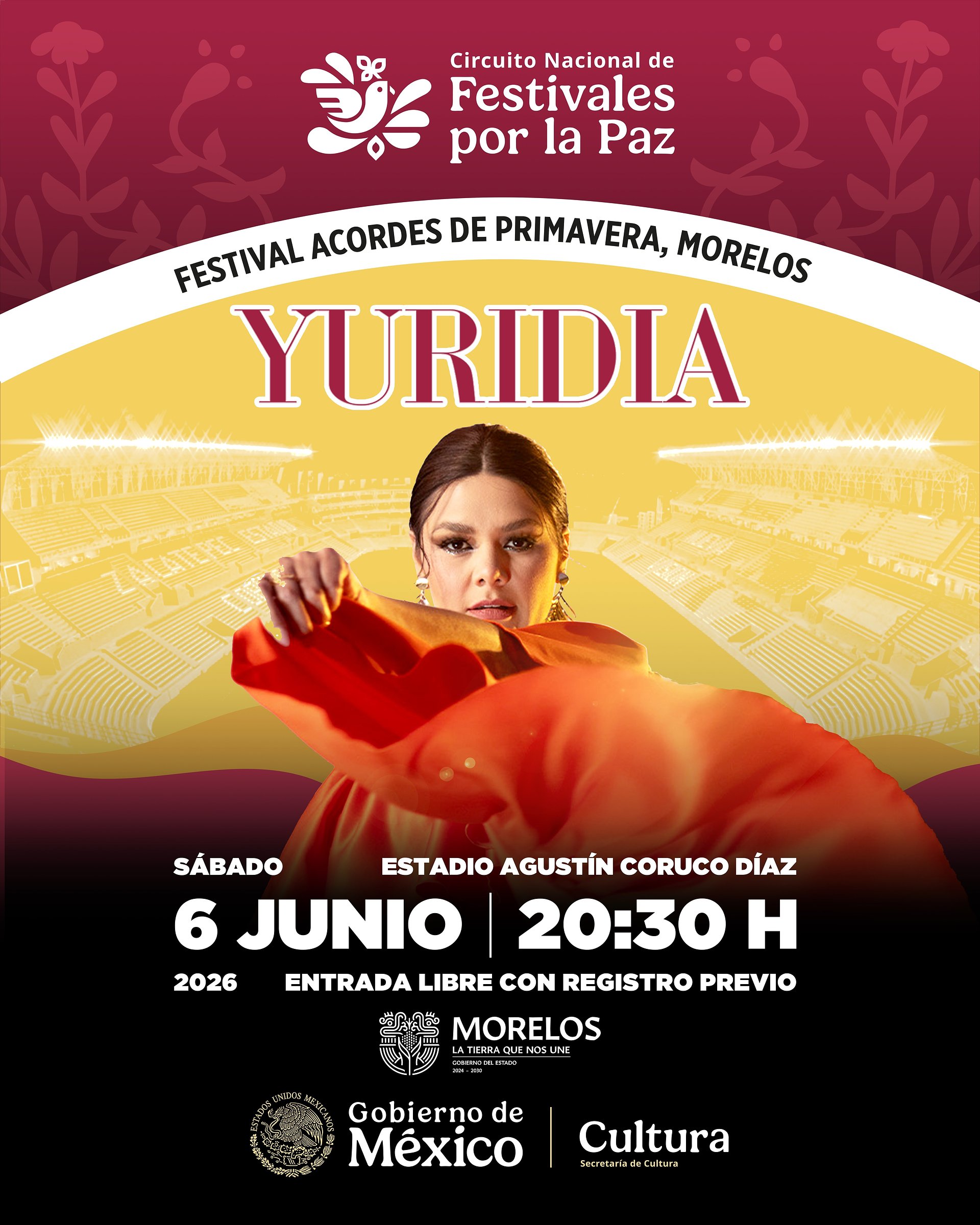 YURIDIA LLEGA GRATIS A MORELOS COMO PARTE DEL CIRCUITO NACIONAL DE FESTIVALES POR LA PAZ