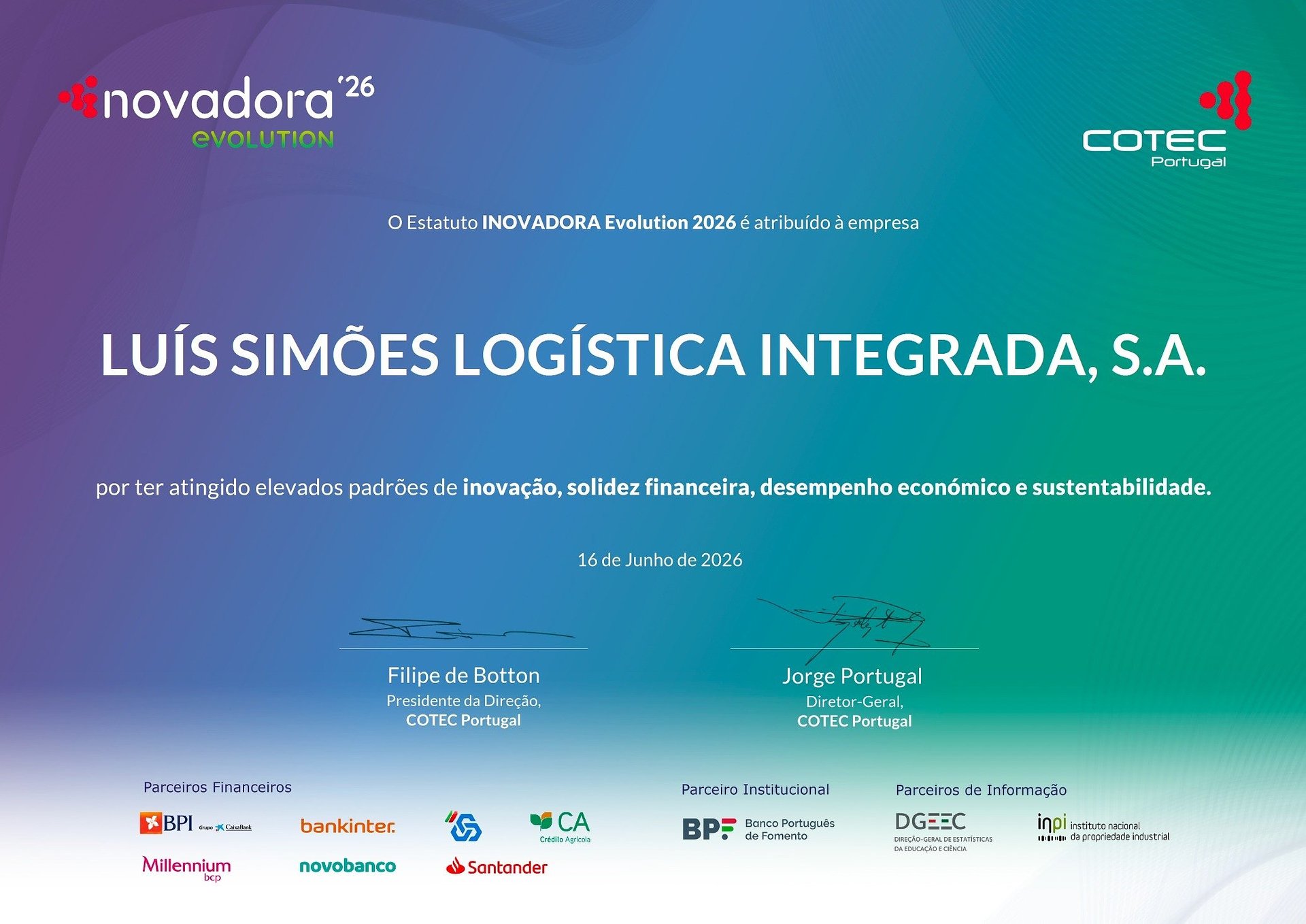 Luís Simões Logística Integrada Portugal e Reta renovam Estatuto Inovadora Evolution da COTEC