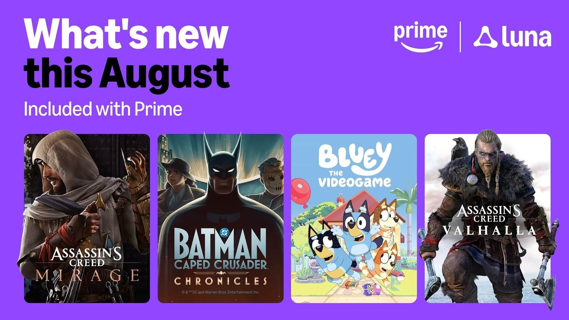 Nowości w Amazon Luna na sierpień: Bluey, Batman: Caped Crusader – Chronicles oraz Assassin’s Creed Valhalla i Mirage