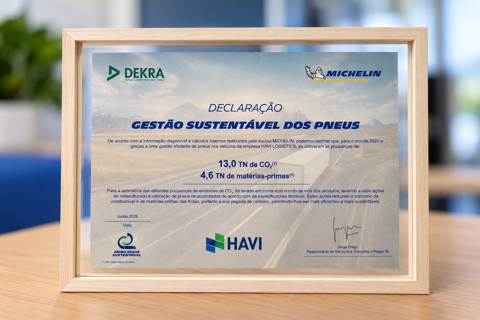 HAVI reconhecida pela Michelin com a Declaração de Gestão Sustentável dos Pneus
